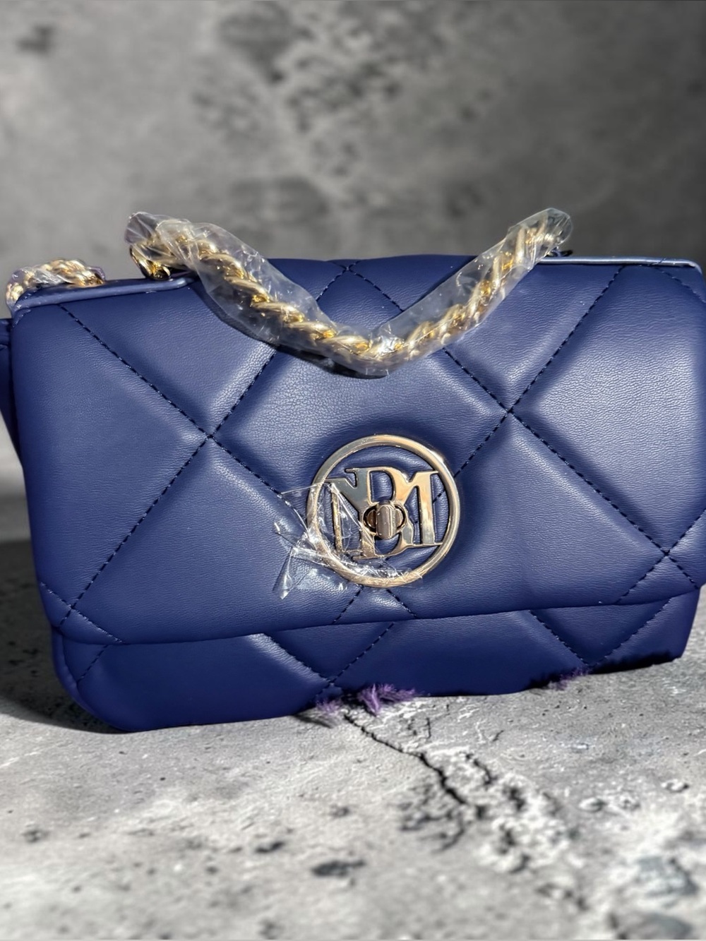 Badgley Mischka Navy Blue Quilted Vegan Leather Crossbody Bag Gold Chain NWT